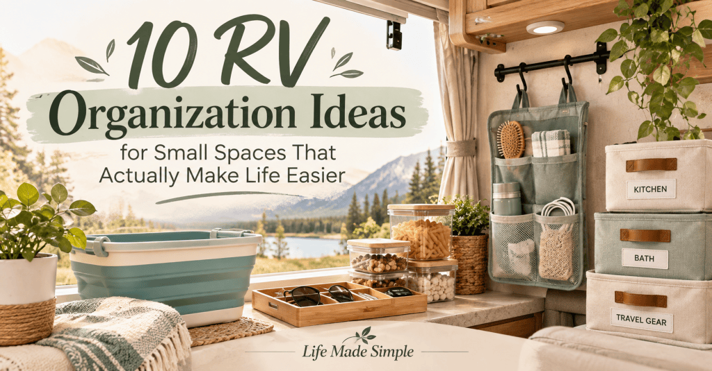 Organized RV interior with labeled storage bins, hanging organizer, collapsible tub, and countertop storage for small-space RV living