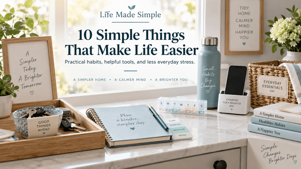 Organized countertop with keys, planner, water bottle, medication organizer, phone, and storage basket representing simple habits and tools that make everyday life easier.