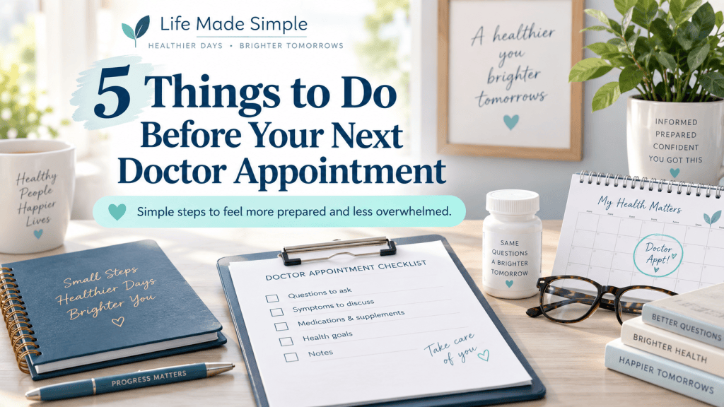 Featured image for an article about 5 things to do before your next doctor appointment, showing a doctor appointment checklist and planning materials.