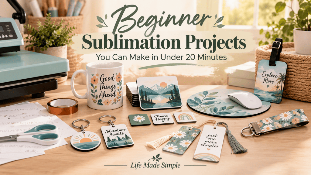 Sublimation crafting workspace with beginner-friendly projects including a mug, coasters, keychains, bookmarks, mouse pad, luggage tag, and wristlet
