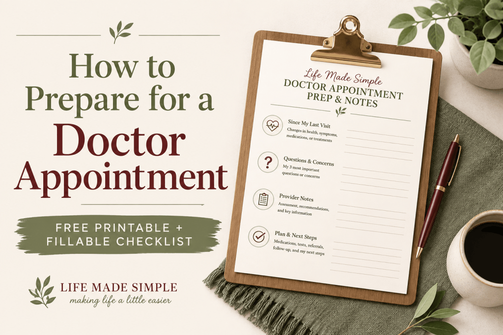 Doctor appointment preparation checklist with printable and fillable medical appointment notes worksheet from Life Made Simple