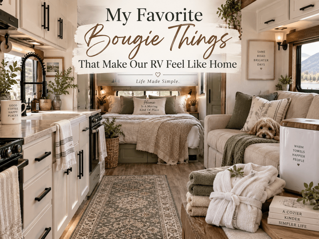Cozy RV interior with upgraded furnishings, washable rug, plush towels, robe, modern fixtures, sofa, and bedding representing favorite comforts that make an RV feel like home.