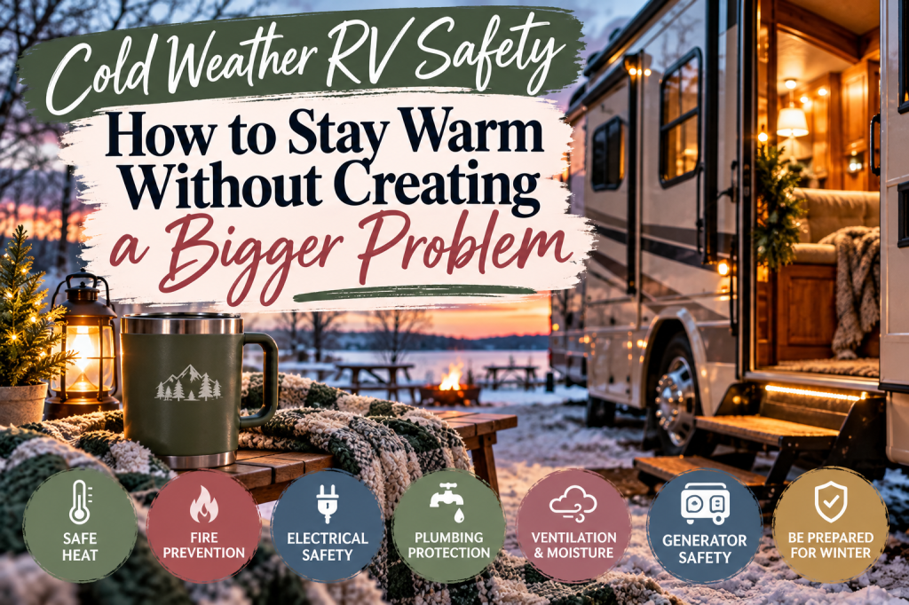 Winter RV campsite with safety reminders for heating, fire prevention, electrical systems, plumbing, ventilation, and generator use