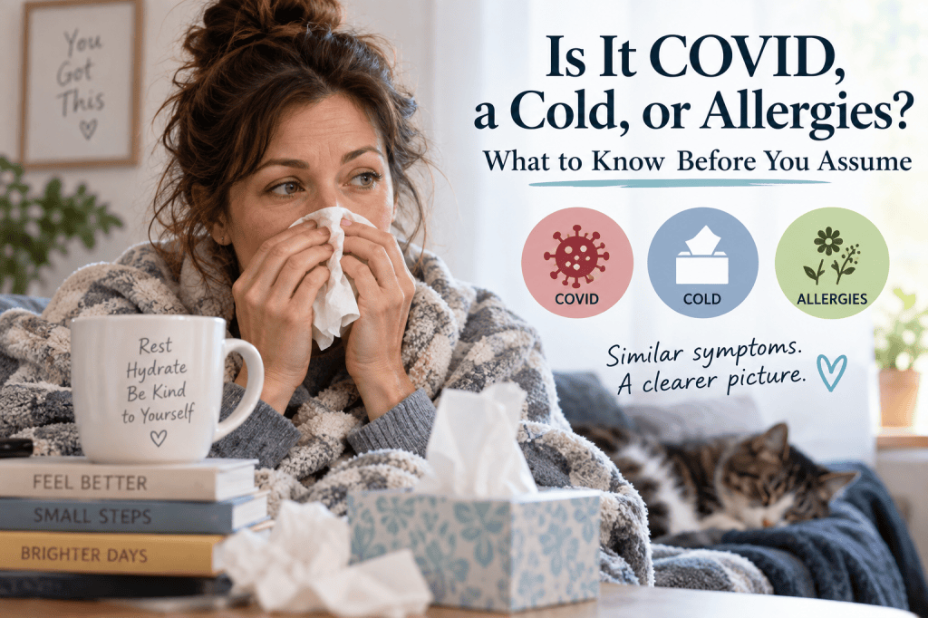 Person at home with tissues while comparing symptoms of COVID, a cold, and seasonal allergies.
