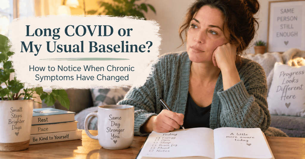 Woman tracking symptoms in a notebook for an article about Long COVID and changes from a chronic illness baseline.