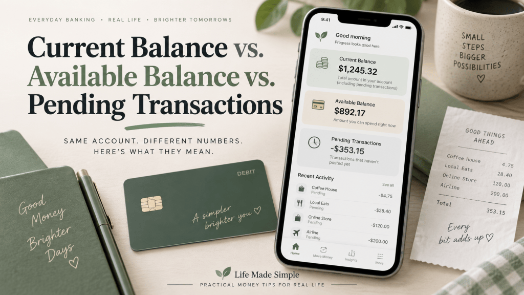 Illustration explaining the difference between current balance, available balance, and pending transactions in a bank account