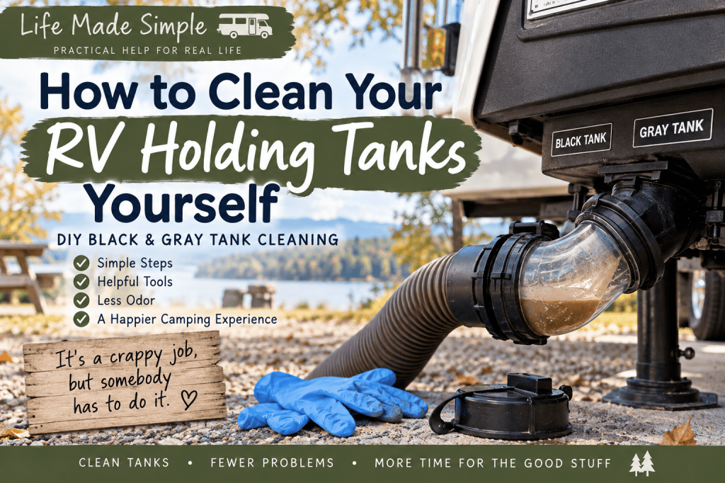 RV sewer connection with clear elbow and cleaning supplies at a fall campsite for DIY black and gray holding tank cleaning.
