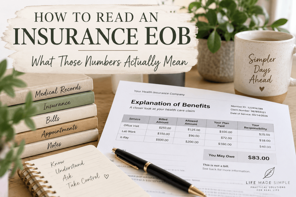 Explanation of Benefits paperwork showing billed amount, allowed amount, insurance payment, and patient responsibility