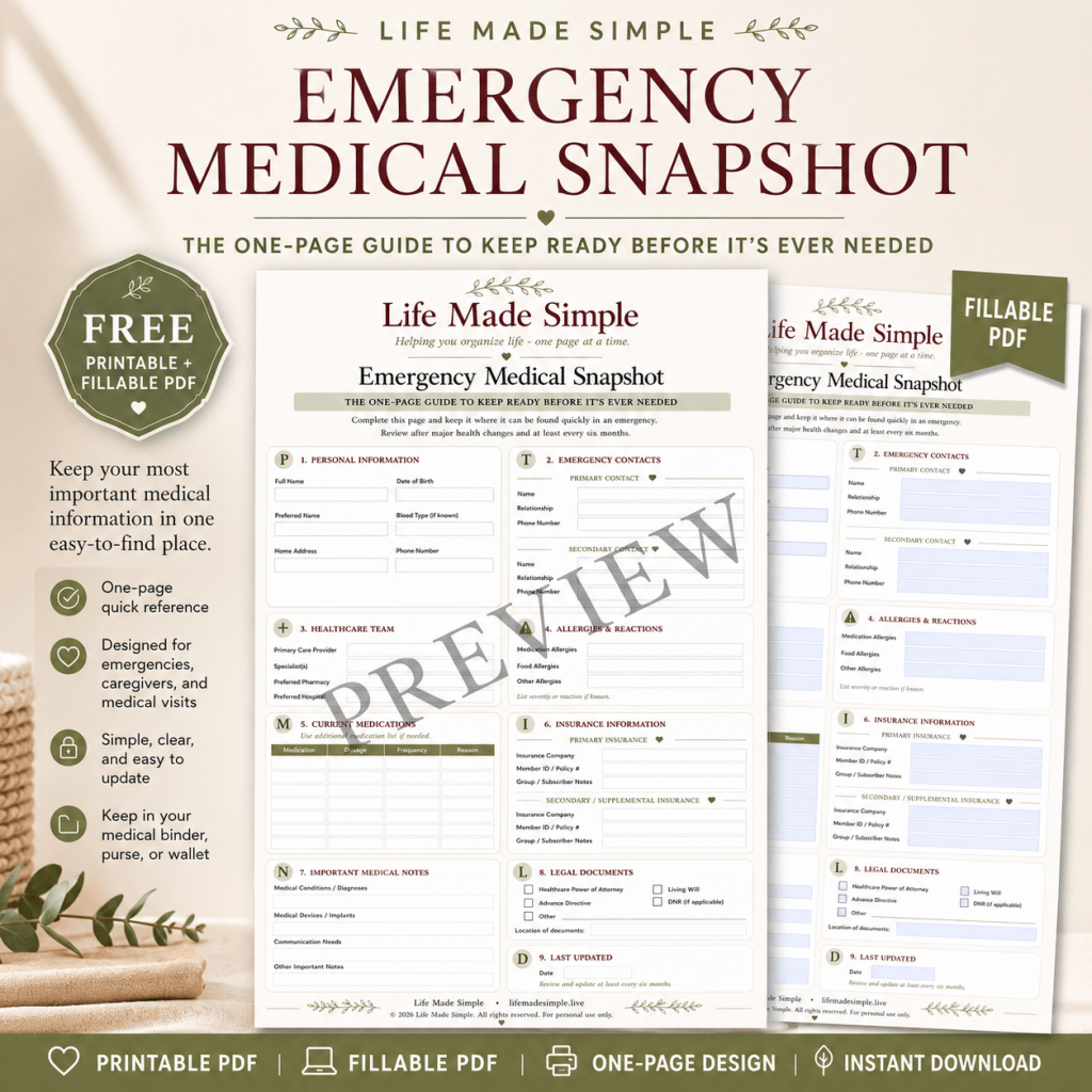 Preview of the Life Made Simple Emergency Medical Snapshot printable and fillable PDF