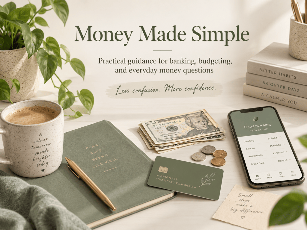 Money Made Simple graphic with cash, coins, debit card, banking app, notebook, and the text “Practical guidance for banking, budgeting, and everyday money questions.”