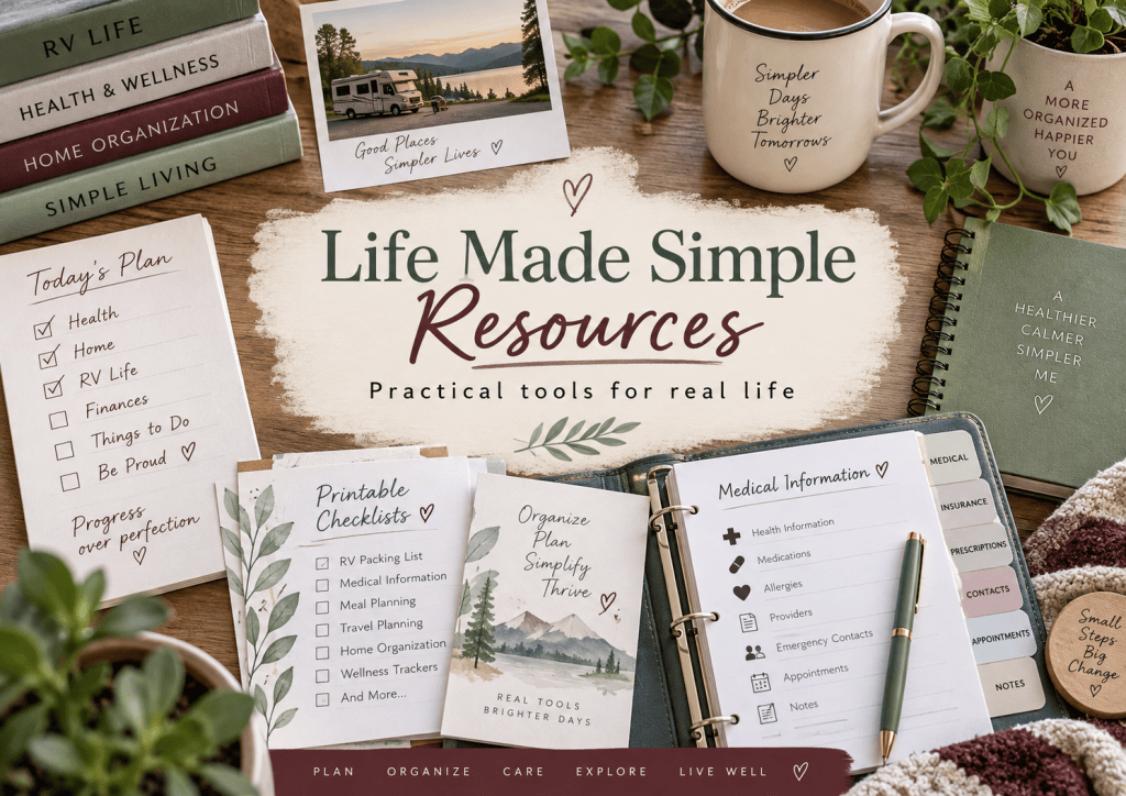 Life Made Simple Resources banner featuring practical tools for health, RV life, organization, and everyday living