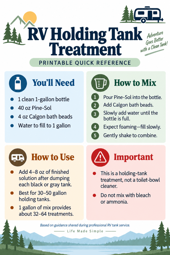 Printable RV holding tank treatment quick reference card with recipe, mixing directions, usage, and safety notes