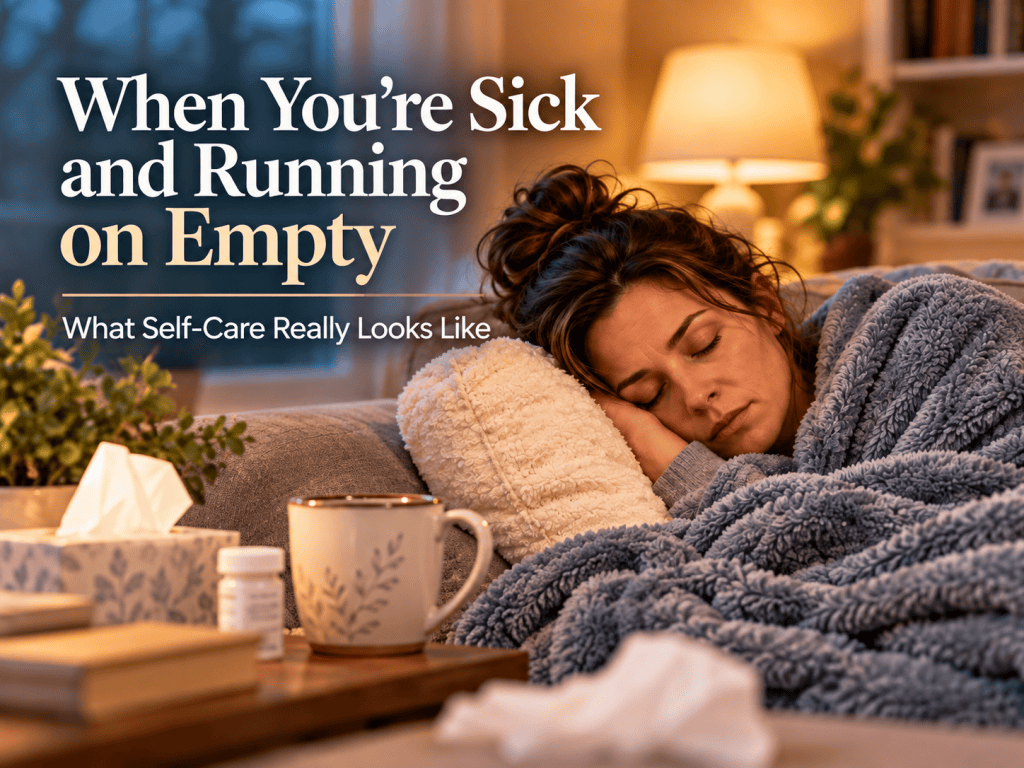 Exhausted woman resting on a couch while sick, illustrating self-care, sleep deprivation, and recovery