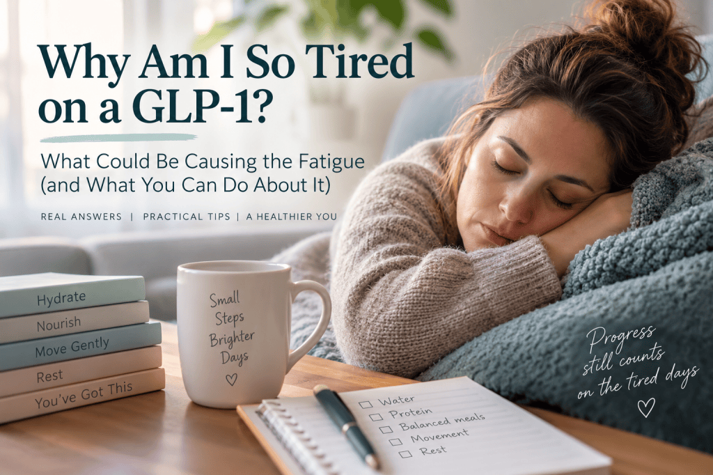Tired woman resting on a couch beside water, protein, meal, movement, and rest reminders for GLP-1 fatigue.