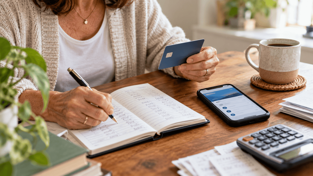 Woman holding a debit card while recording transactions in a notebook beside her banking app.