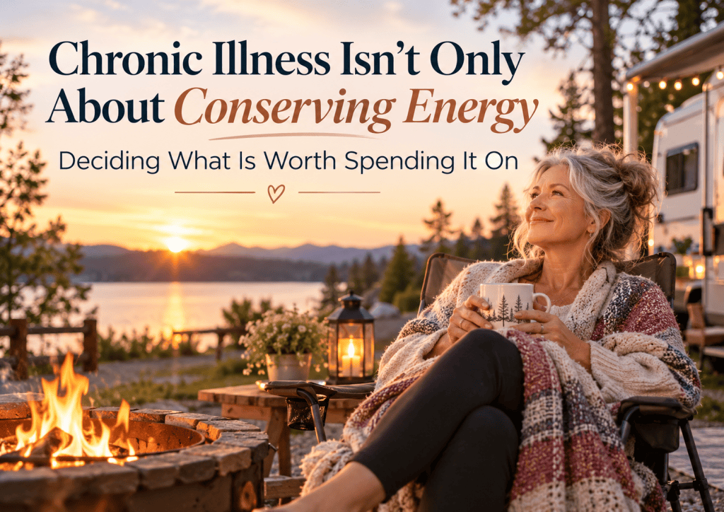 Woman relaxing beside a campfire at sunset with an RV in the background, representing choosing how to spend limited energy while living with chronic illness.