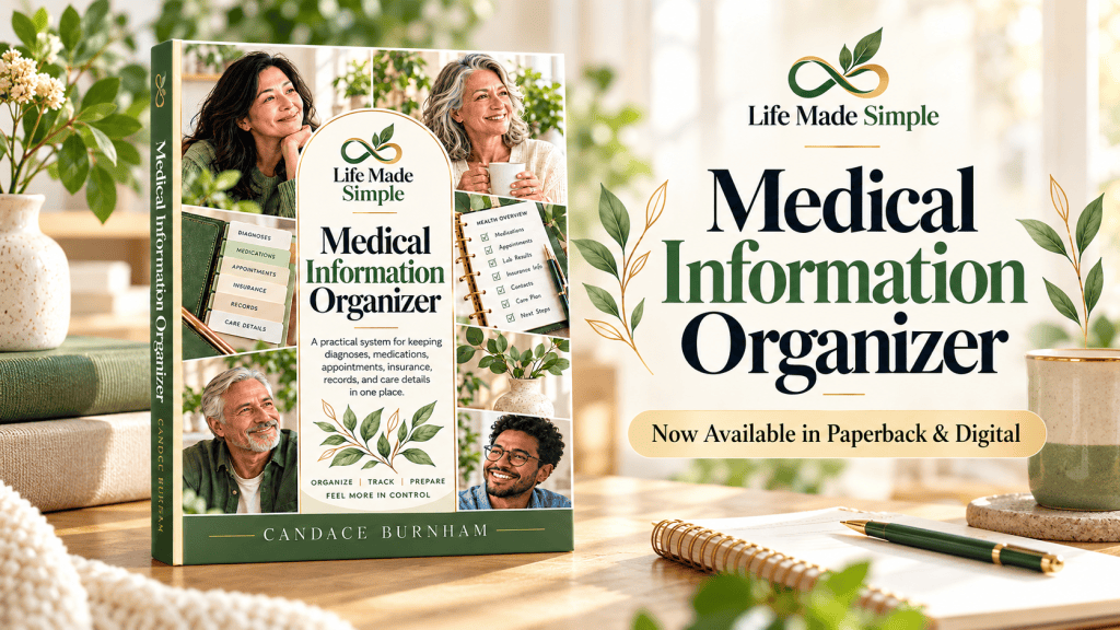 Life Made Simple Medical Information Organizer book cover with text announcing the organizer is available in paperback and digital formats.