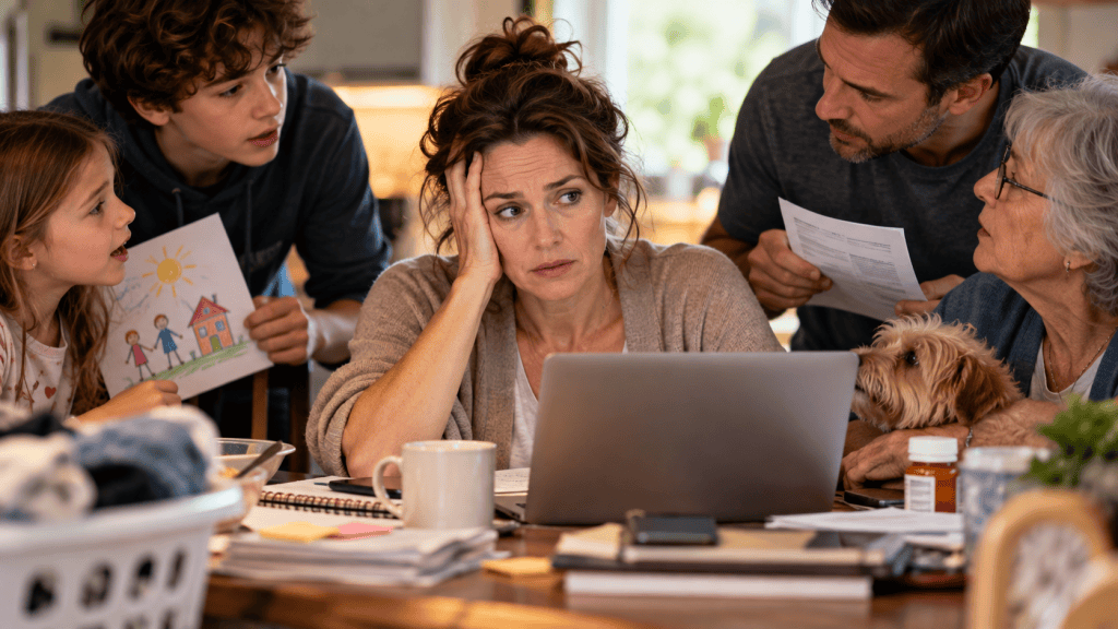 Overwhelmed middle-aged woman surrounded by family members seeking her attention while she manages work and household responsibilities.