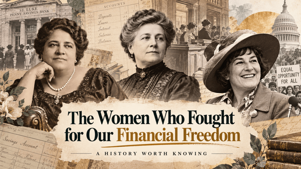 Vintage-style collage illustrating Maggie Lena Walker, Anna Martin, and Bella Abzug with historical banking documents and the article title.